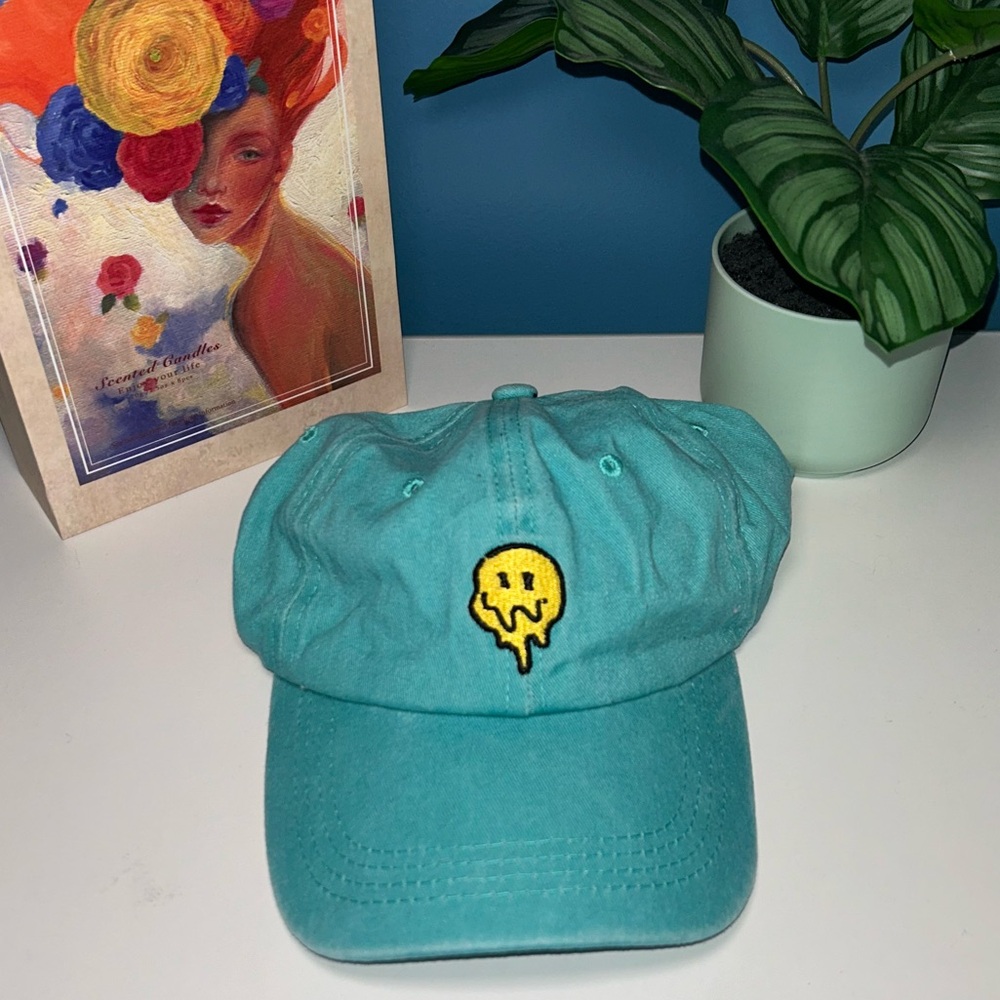 WOMENS TEAL CAP WITH YELLOW DRIP SMILEY EMBROIDERY